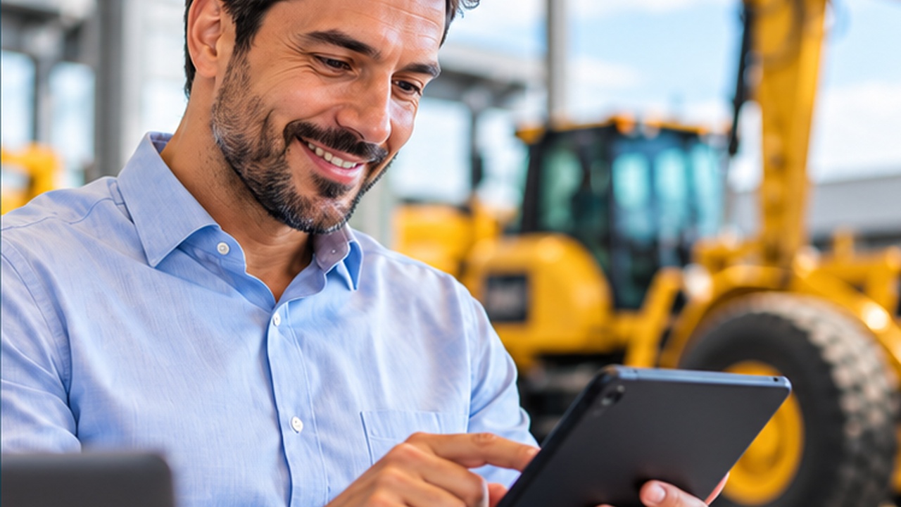 Profissional consultando um tablet em um ambiente com equipamentos